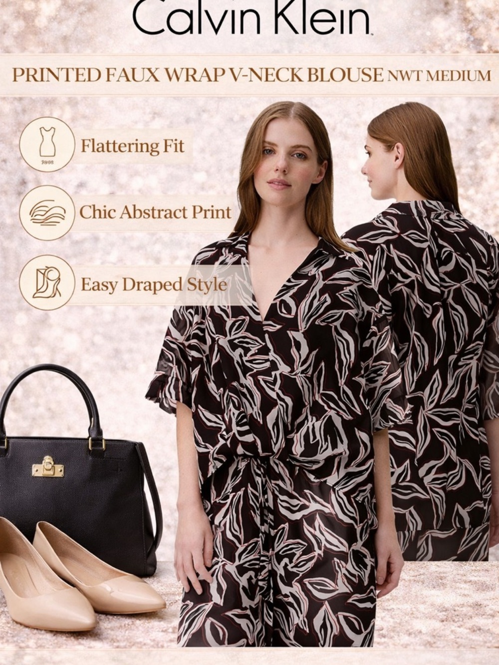 Calvin Klein Faux Wrap V-Neck Blouse Black Printed Top M NWT